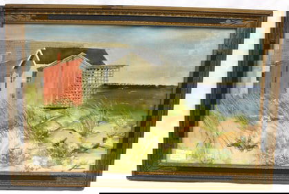 Signed Johnson watercolor of a beach house with ocean & beach - overall framed size 17"x25"