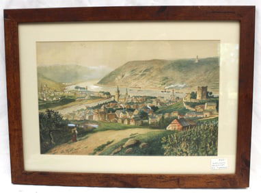 Signed M. Tydeman watercolor landscape village scene w river - dated 1921 - overall framed size 16