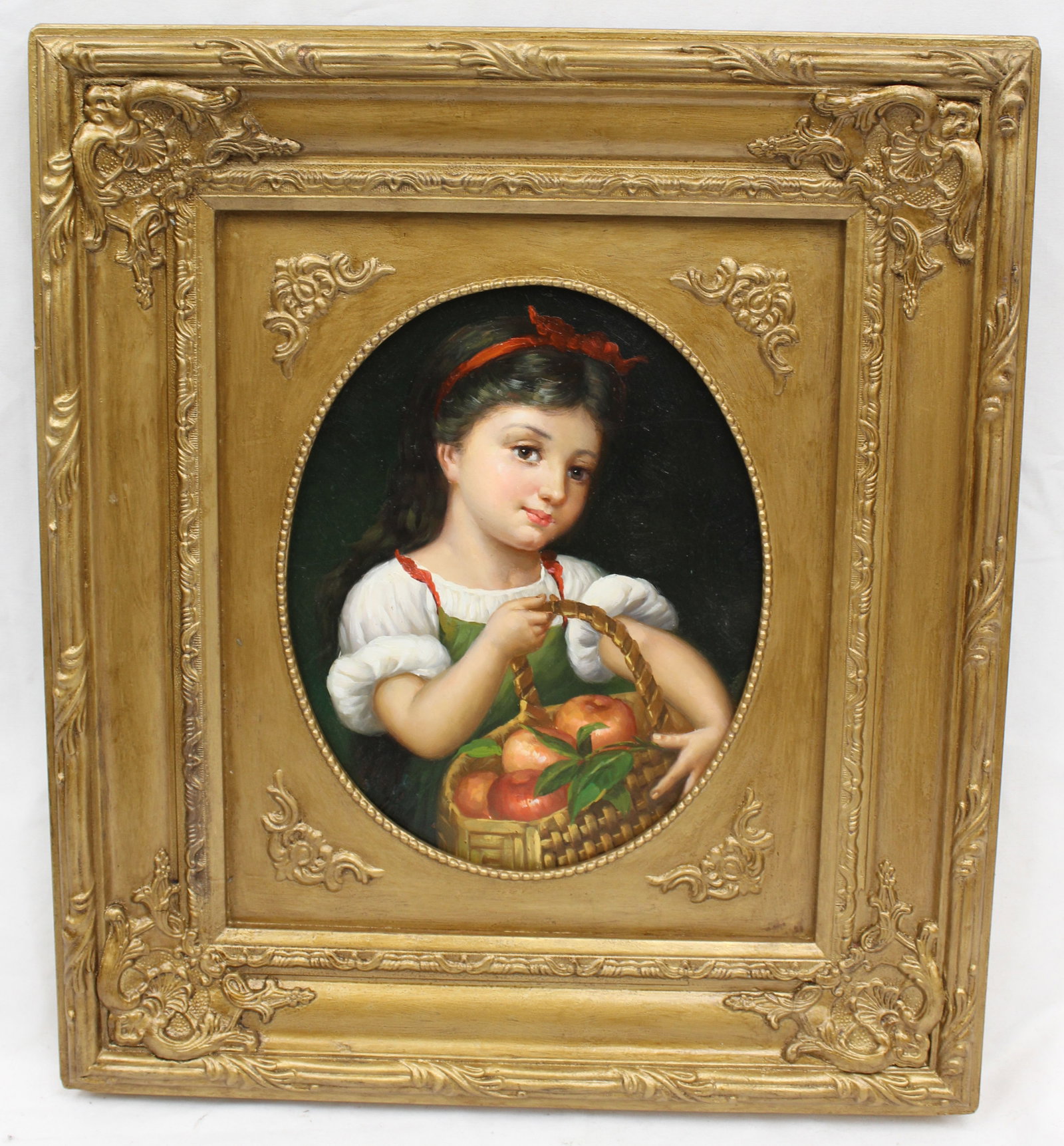 Oil on wood panel portrait of a young girl holding apples - unsigned - overall framed size 17: Oil on wood panel portrait of a young girl holding apples - unsigned - overall framed size 17 1/2"x15 1/4"