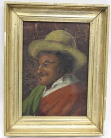 Oil on leather portrait of a man - unsigned - overall framed size 9 1/2"x7 1/4"
