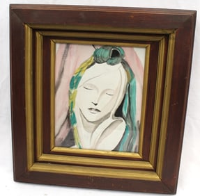 Watercolor on paper portrait of a woman in shadowbox frame - unsigned - overall framed size 18