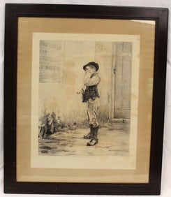 Framed English litho of a young man with a pipe published in 1882 - overall framed size 29 1/2"x25"