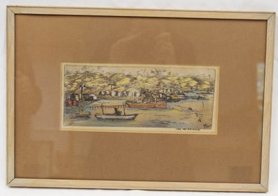 Hand colored etching or woodblock pencil signed Dirk Van Nieuwkoup European harbor scene - overall