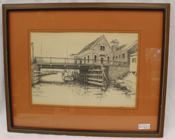 Signed (on mat) Joan T Kanwisher pen & ink titled "The Eel Pond Bridge, Woods Hole" - overall framed