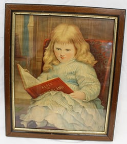 Victorian chromolithograph of a little girl reading Alice In Wonderland - overall framed size 18"x15