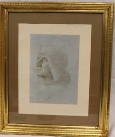 Drawing portrait of a man wearing a hat - overall framed size 19 1/4"x16 1/4"