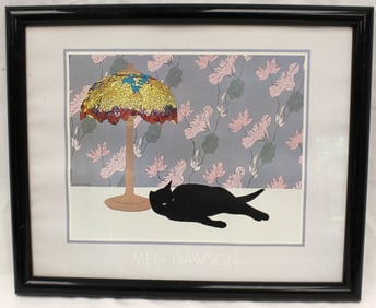 Signed Meg Dawson print - black cat with wallpaper - overall framed size 18"x22"