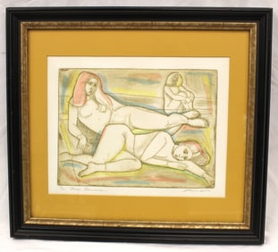 Pencil signed & numbered Amen #20/200 hand colored litho titled "Three Dancers" - overall framed
