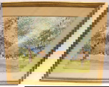 Signed H. Howard watercolor of houses w people on donkeys & mountains in background - overall framed
