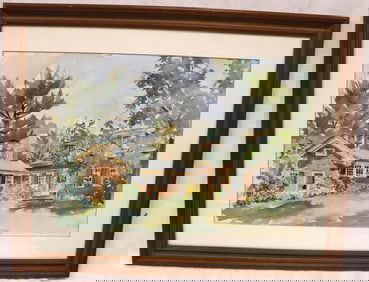 Unsigned watercolor of home in summer landscape - overall framed size 20 1/2"x26 1/2"