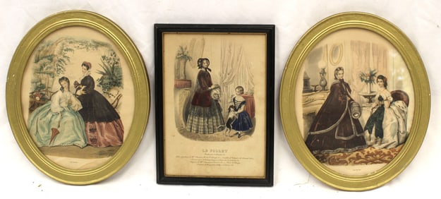 Lot of 3 framed French Fashion prints in 2 in matching frames - overall framed size 12"x8" oval &