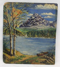 Signed E Clute dated 1950 oil or acrylic on board mountain & lake scene - 12 1/2"x10 1/2" unframed
