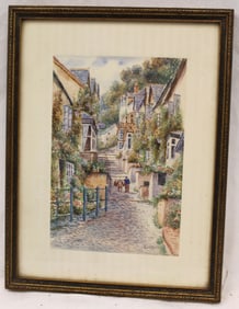 Signed W. Sands titled "Clovelly" watercolor of a man on stone path in village - overall framed size