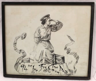 Pen & ink of a female sailor titled "94 on her Freshman Tree Day" - overall framed size 10"x12"