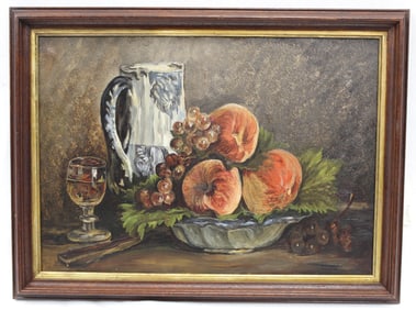 Unsigned oil on canvas Victorian still life of bowl of fruit - overall framed size 15"x19 1/2"