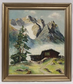 Signed Bauch oil on board Alpine scene - overall framed size 34 1/2"x 31"