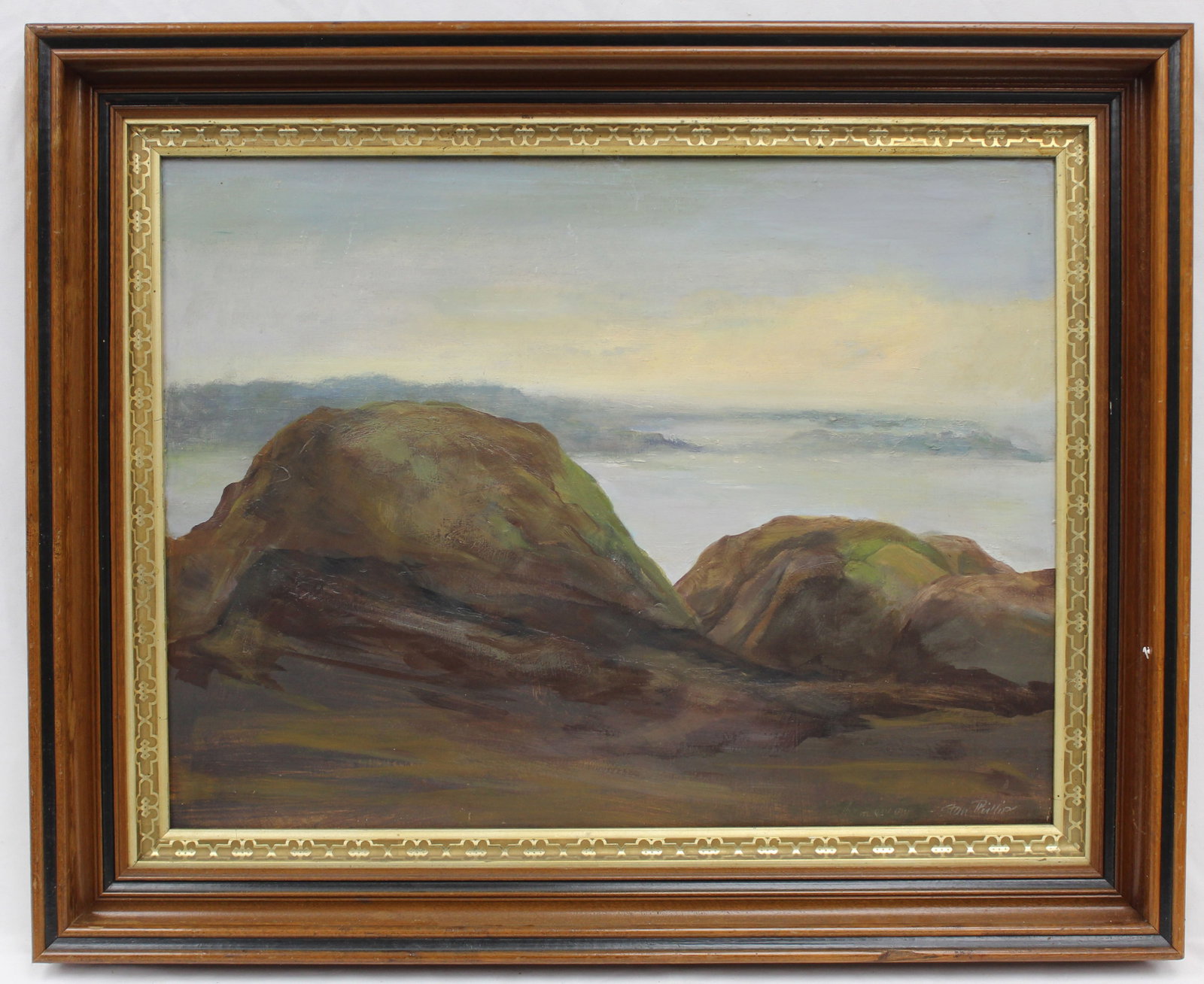 Signed Stan Phillip oi' on board sea scape - overall framed size 22"x27": Signed Stan Phillip oi' on board sea scape - overall framed size 22"x27"