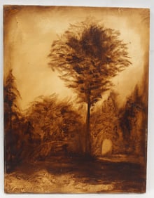 Contemporary unsigned sepia oil on canvas forest landscape - unframed 18"x14"
