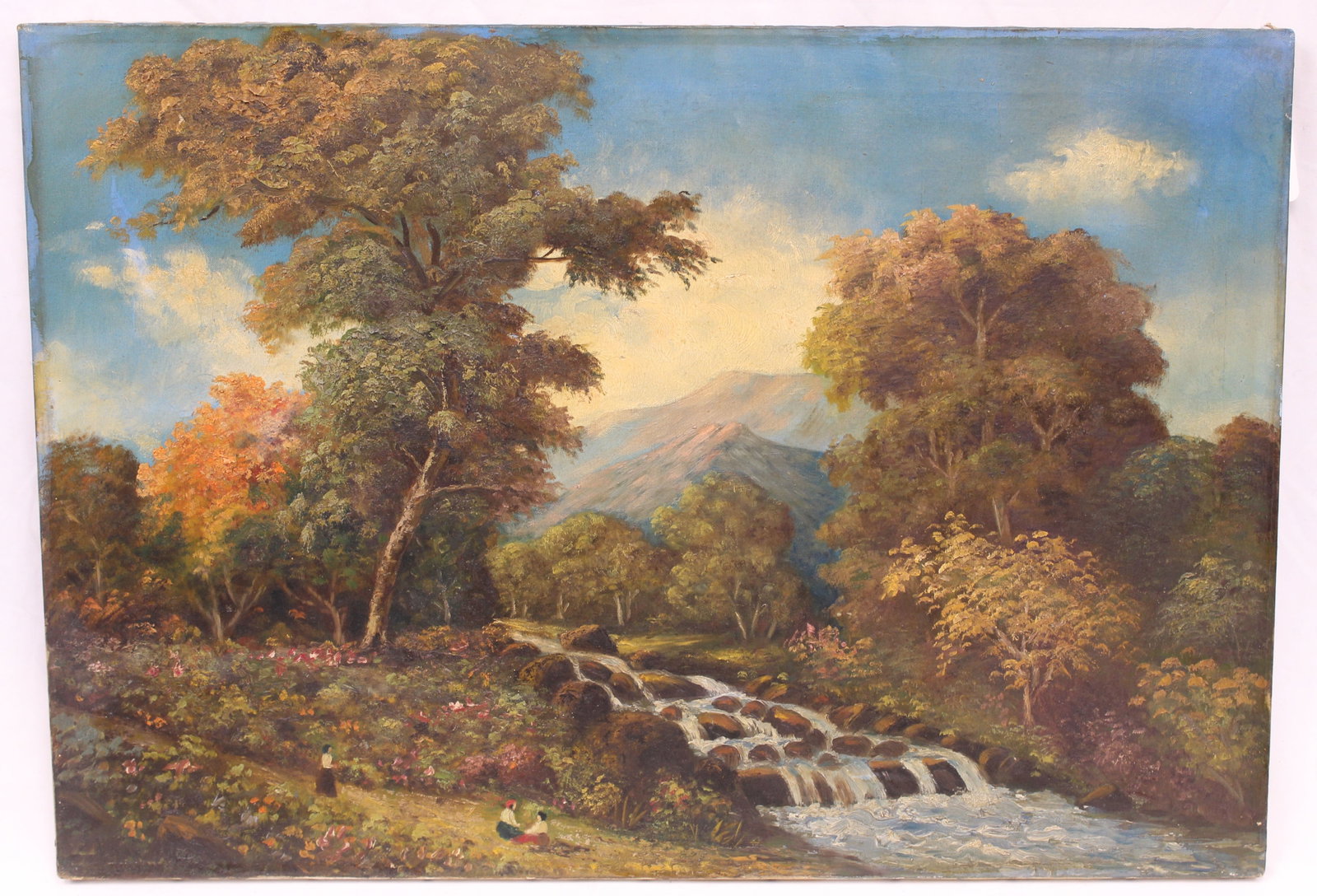 Signed Reuben Farr (on verso) vibrant oil on canvas landscape w mountains, brook & people -: Signed Reuben Farr (on verso) vibrant oil on canvas landscape w mountains, brook & people - inscribed on back "given to Doris Lawrence Moore by the artist Reuben Farr Dover, NJ September 16, 1951" - u