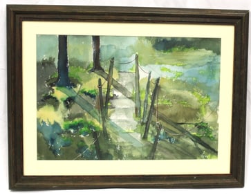 Signed Louis A. Hill watercolor of a suspended walkway in green landscape dated 1952 - overall