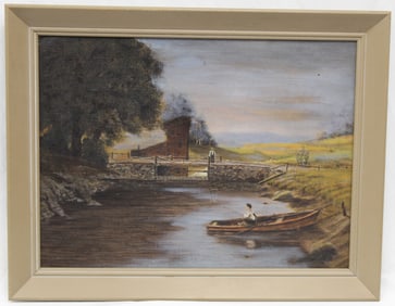 Signed CW Hadluck dated 1980 primitive style oil on canvas board of boy in boat fishing with older