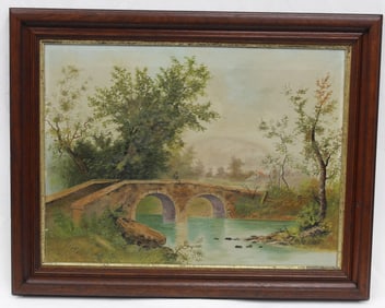 Unsigned Victorian oil on canvas landscape of a man fishing from a bridge - overall framed size 19