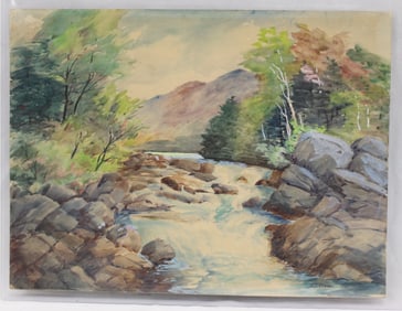 Signed BT Crom watercolor riverscape with mountains - unframed - 15"x20"