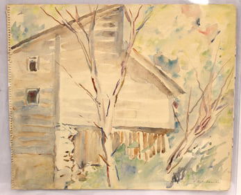 Signed Ethel Swantees unframed watercolor of a barn - 15"x18"