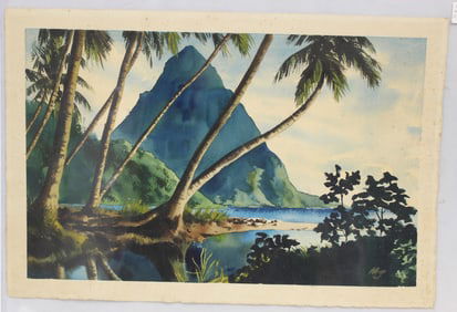 Unframed watercolor mountainous lake scene with trees - initialed MJ - 14 1/2" x 22"