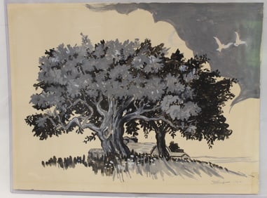 Signed Helen Burgess watercolor gouache farm scene with trees, barn & silo - inscribed on verso
