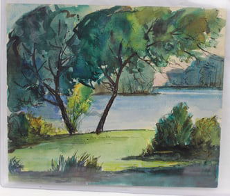 Signed (on verso) Jacob Howard Euston watercolor lake scene in summer - unframed - 10"x11 1/2"