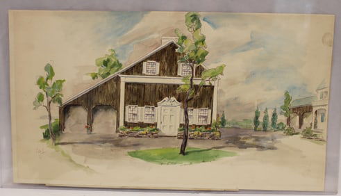 watercolor of a house & garage together with an inscribed sketch of same house and garage -