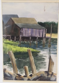 Signed Emily Atkins Day watercolor titled "High Tide on the Coast" - unframed - overall matte size