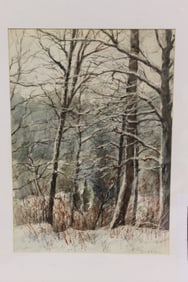 Signed Josephine K Deming unframed watercolor of winter landscape in winter - matted overall size