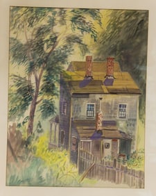 Unframed watercolor of a house with chimneys - matted - overall matte size 28 1/2"x22 1/2"