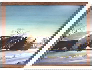 Signed Stephen Hamilton watercolor winter landscape w house & barn titled "Twilight Solitude" on
