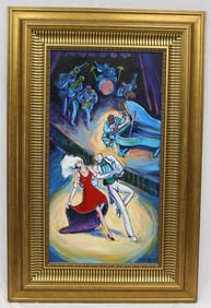 Signed R.J. Hohimer acrylic on canvas of a man & woman dancing in the spotlight – signed & titled