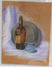 Pencil signed Betty Smalley pastel still life bottle of wine, charger & vase - 12 1/2"x9 1/2"