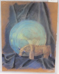Pencil signed Betty Smalley pastel still life of charger & cow sculpture - 12 1/2"x9 1/2"