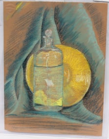 Pencil signed Betty Smalley pastel still life of charger & bottle with stopper - 12 1/2"x9 1/2"