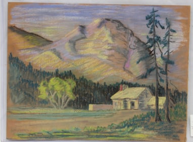 Pencil signed Betty Smalley pastel landscape of house & mountains - 12 1/2"x9 1/2"