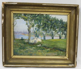 Signed Louise Upton Brumback oil on canvas landscape w river & city view in background - signed on