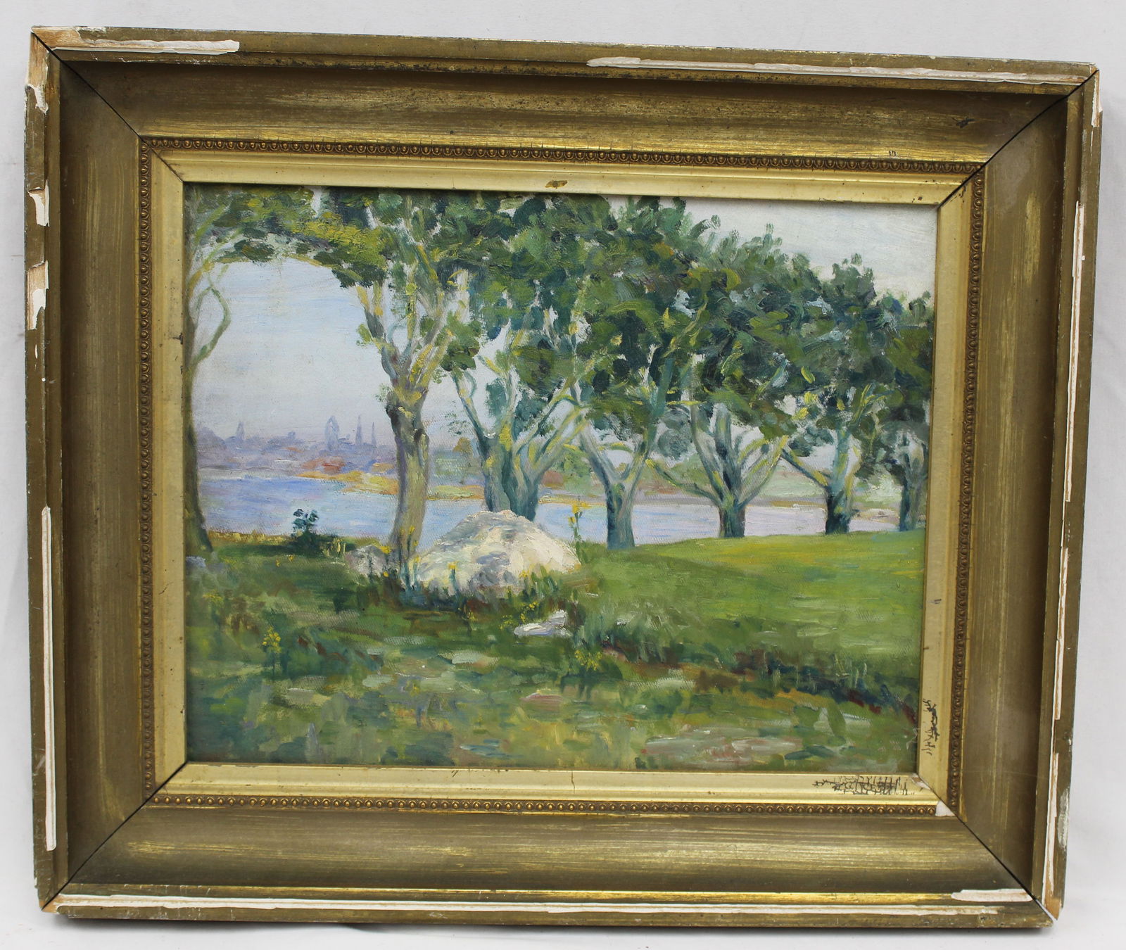 Signed Louise Upton Brumback oil on canvas landscape w river & city view in background - signed on (1 of 10)