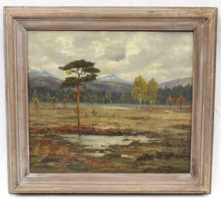 Signed Conrad Schwiering oil on board marsh landscape with mountains in background - overall framed