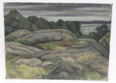 Unframed oil on board landscape of rocks & water - signed illegibly - 18"x24"