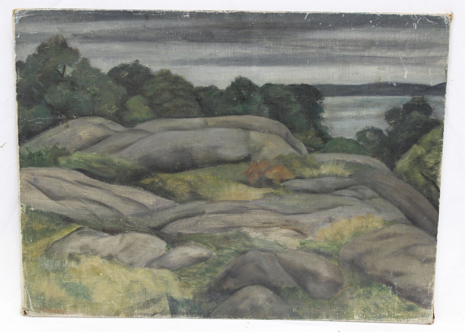 Unframed oil on board landscape of rocks & water - signed illegibly - 18"x24": Unframed oil on board landscape of rocks & water - signed illegibly - 18"x24"