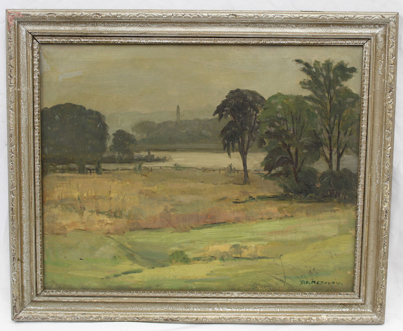 Signed D.A. Mercurio oil on canvas landscape titled on verso "Fresh pond Cambridge, MA" - overall (1 of 10)