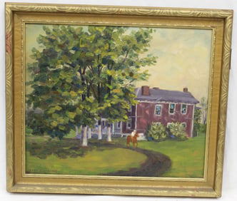 Signed James Bonar dated 1922 oil on canvas of house with man on horseback - overall framed size 25