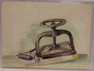 Unsigned attrib Betty Smalley watercolor still life with book press, paints & roller - unframed -