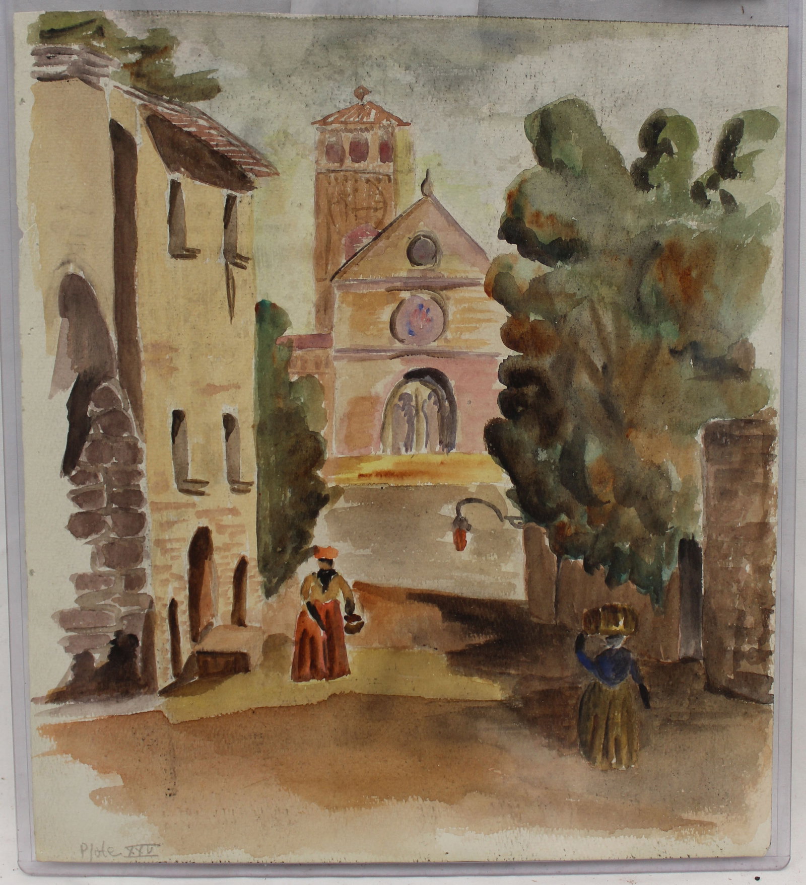 Unsigned attrib Betty Smalley watercolor street scene with woman & church - unframed - 12 1/2"x11": Unsigned attrib Betty Smalley watercolor street scene with woman & church - unframed - 12 1/2"x11"